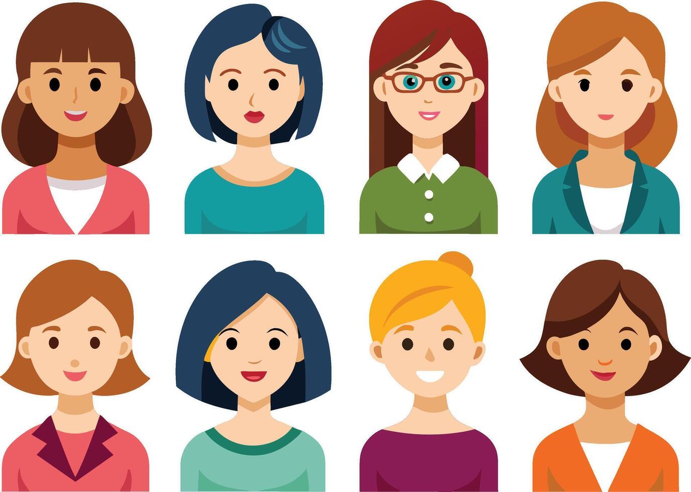 Women avatars set in flat style. Vector illustration for web design.