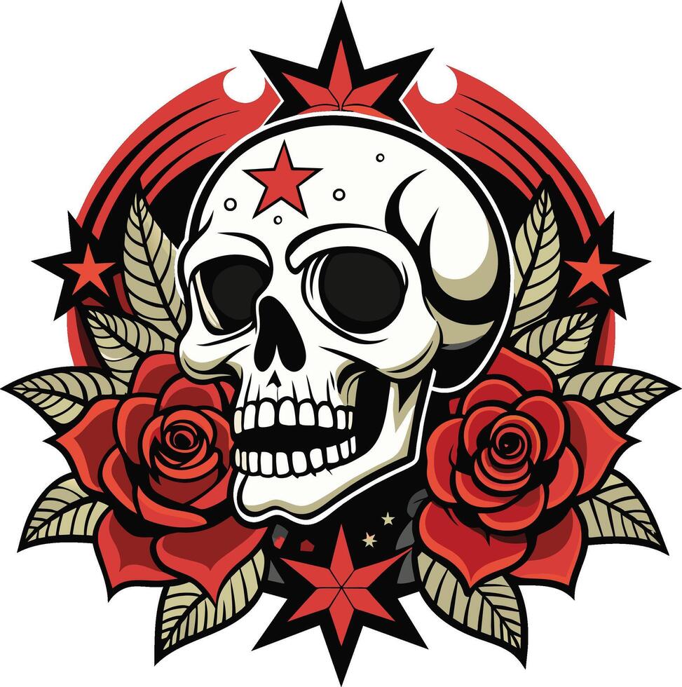 Skull with roses and star. Vector illustration for tattoo or t-shirt design.