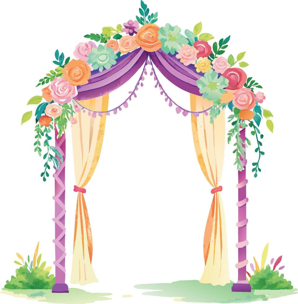 Boda arco decorado con flores, hojas y césped. acuarela vector