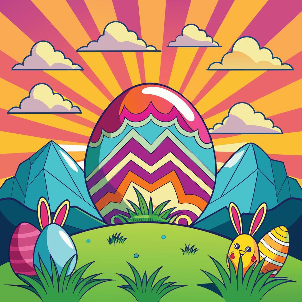 Easter eggs in the meadow. Colorful vector illustration.