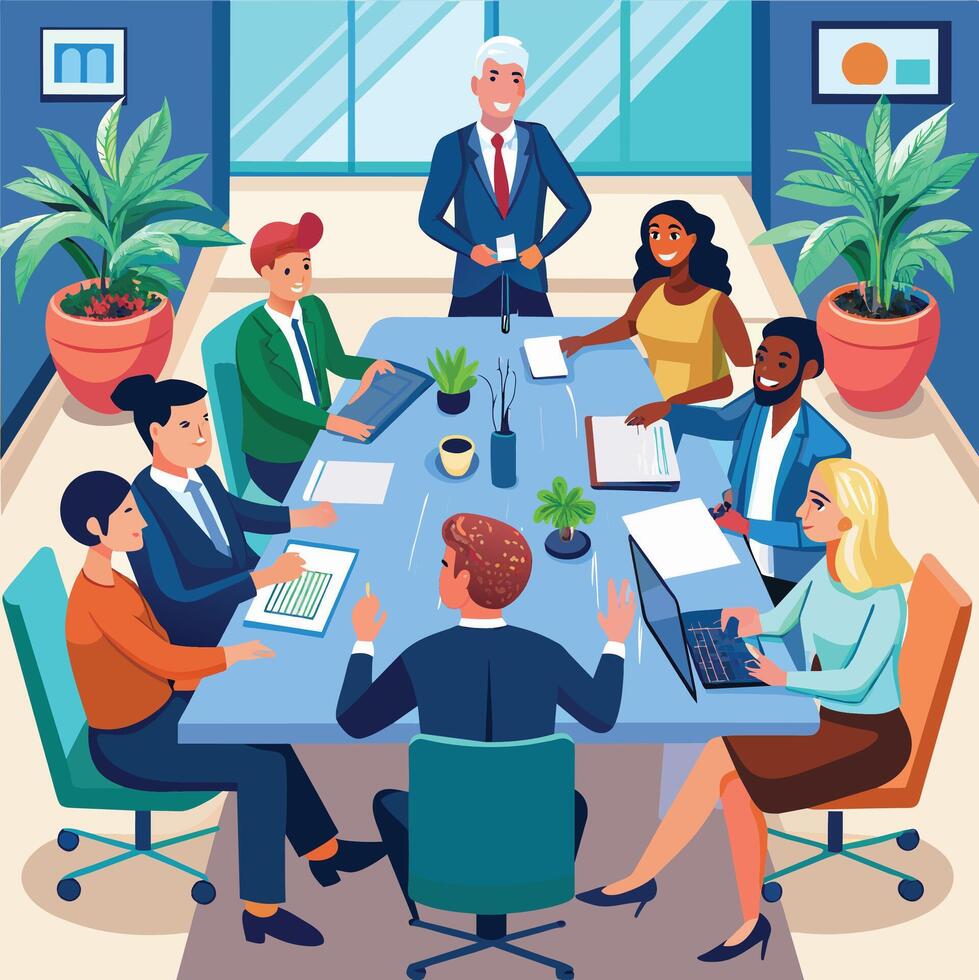 Business meeting. Colleagues sitting at table and working together. Vector illustration