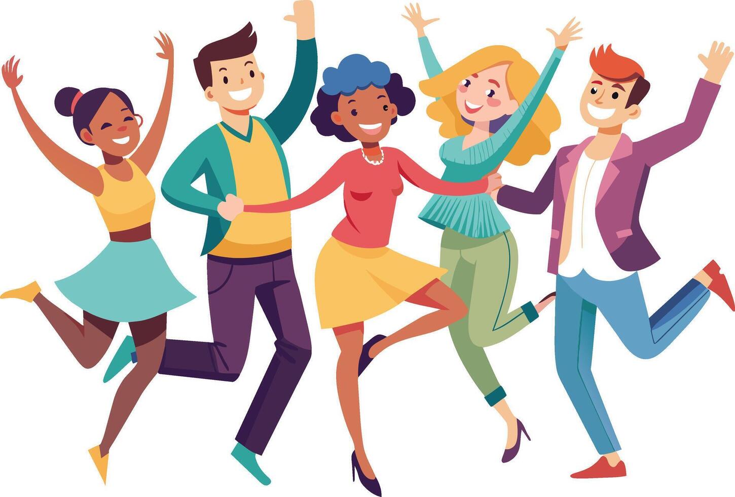 Happy group of friends jumping and having fun. Cheerful young people dancing vector