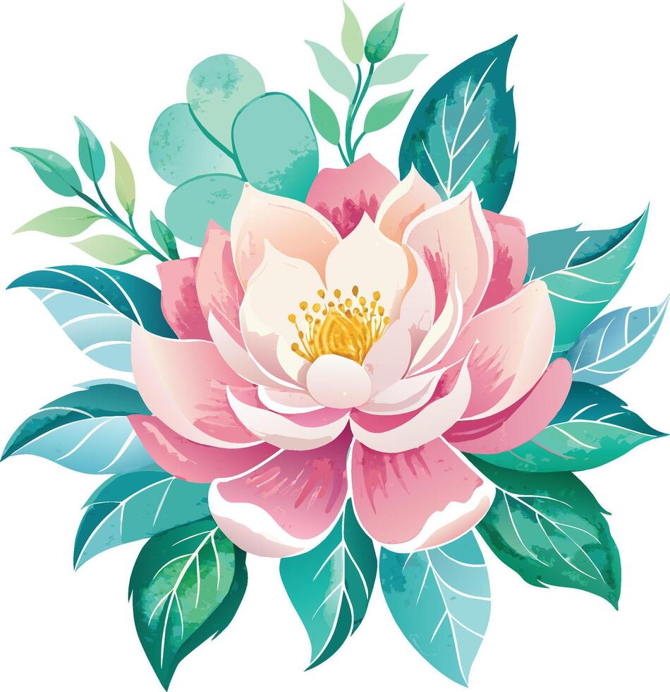 hermosa acuarela rosado Rosa flor con verde hojas en blanco antecedentes. vector ilustración.