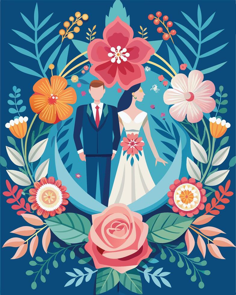 Wedding invitation card with bride and groom. illustration. vector