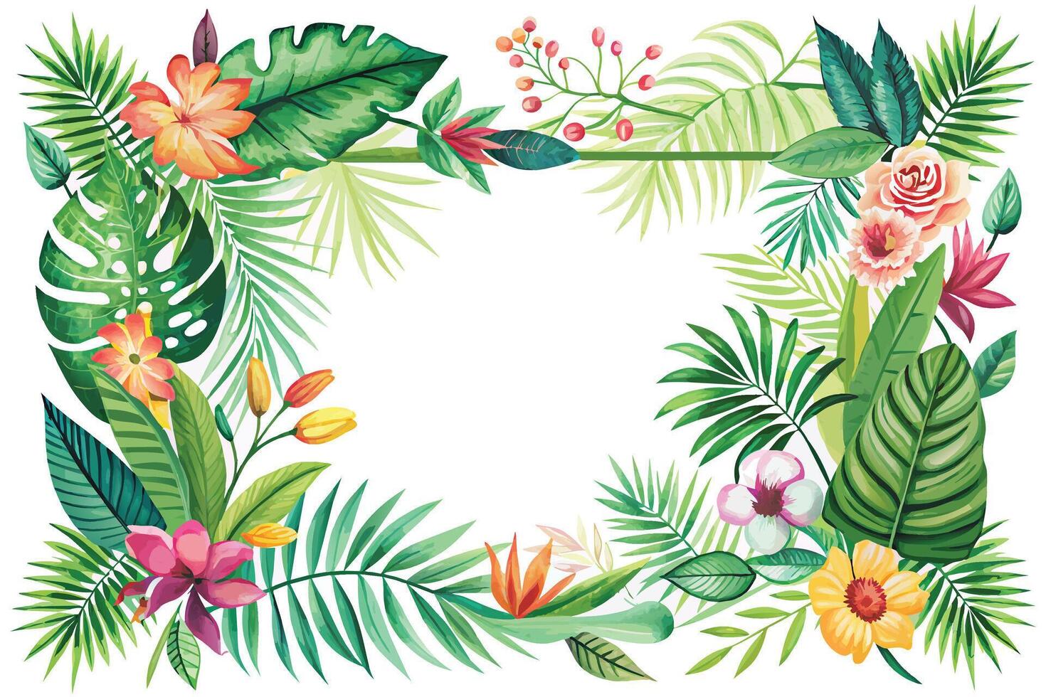 Tropical frame with flowers, leaves and plants. Vector illustration.