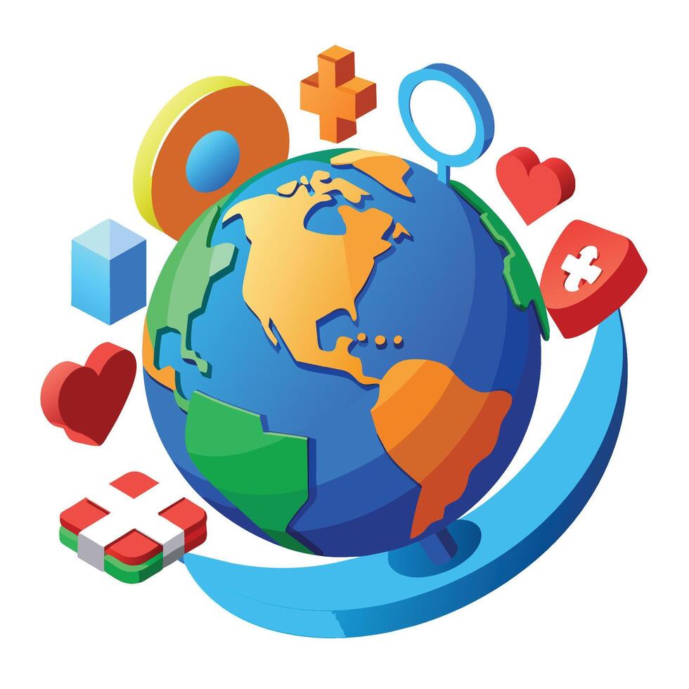 Vector 3d isometric illustration of globe with world map, medical icons and hearts.