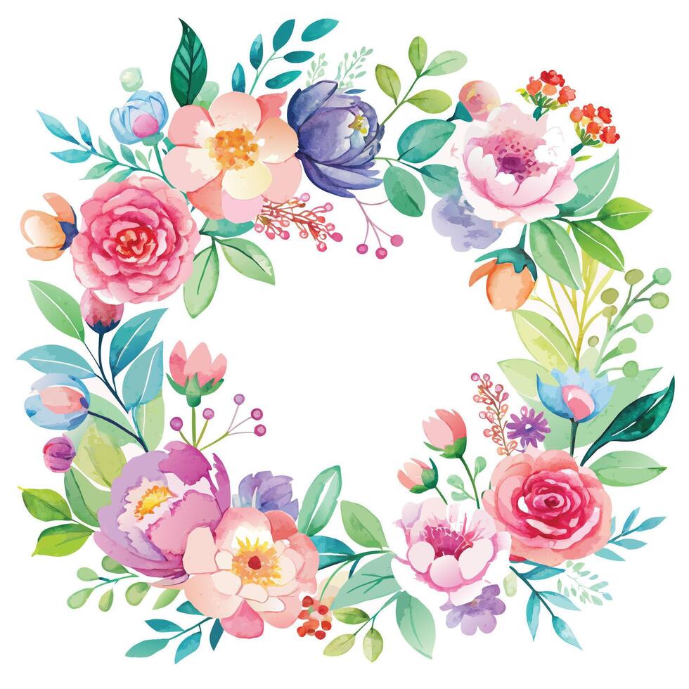 Watercolor floral wreath with flowers and leaves. Hand drawn vector illustration.