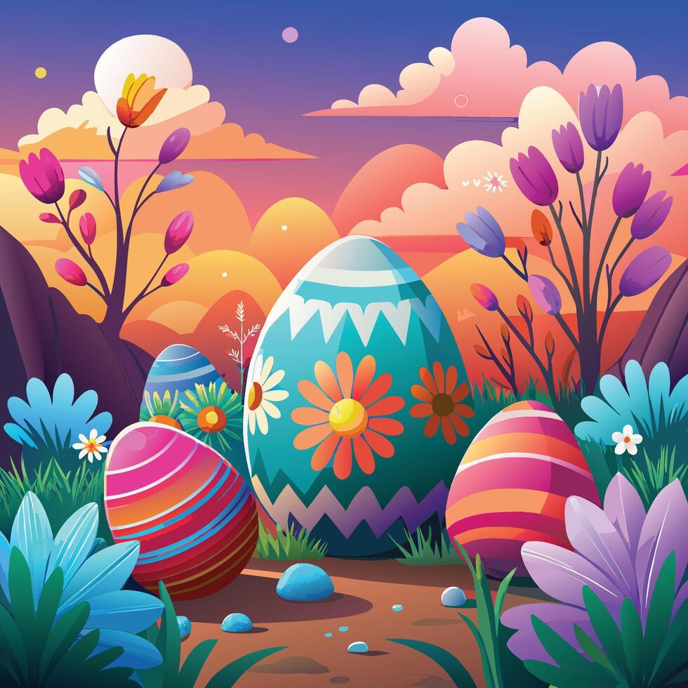 Pascua de Resurrección huevos y flores en el jardín vector ilustración gráfico diseño.