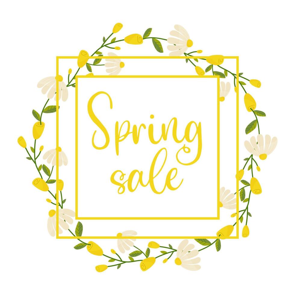 Spring sale, frame with floral border with lettering and different flowers for poster, banner, advertisement vector