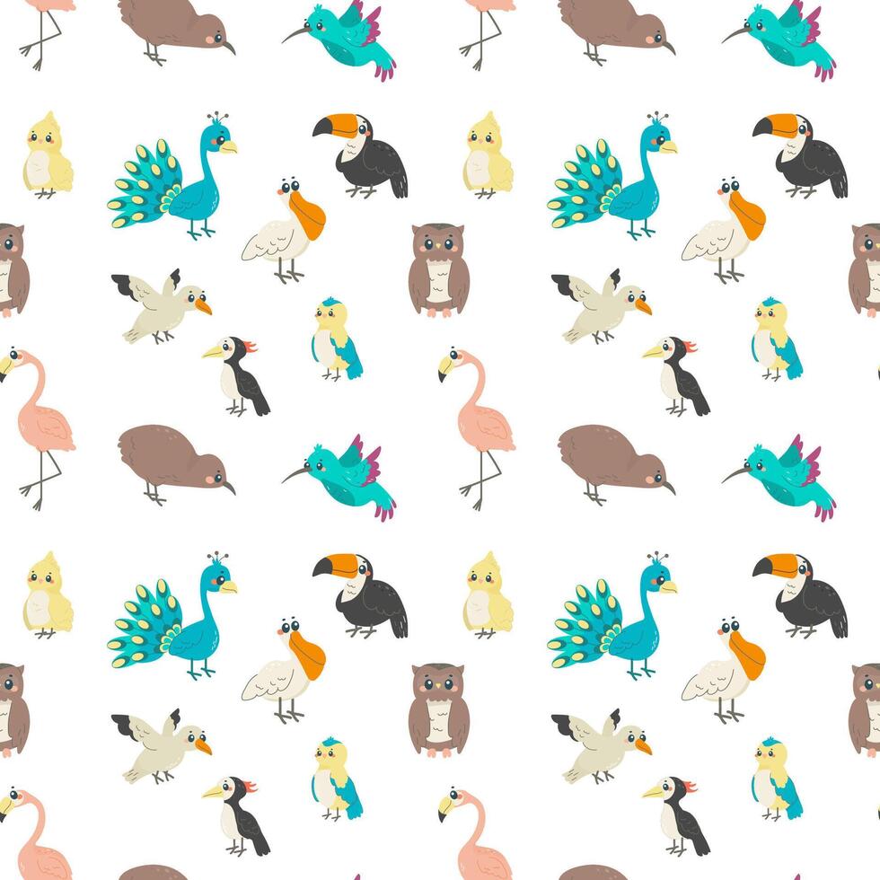 Seamless pattern with different birds, on white background, children's pattern, for fabric, wrapping paper, wallpaper vector