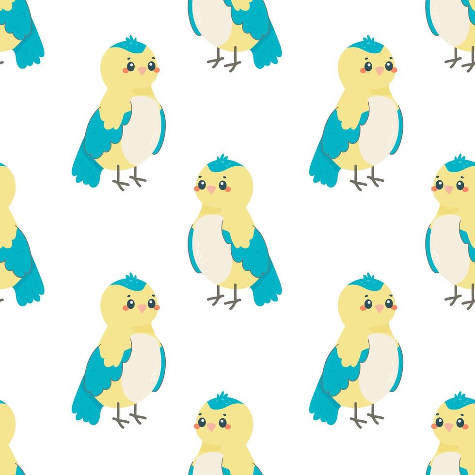 Seamless pattern with bird tit, on white background, children's pattern, for fabric, wrapping paper, wallpaper vector