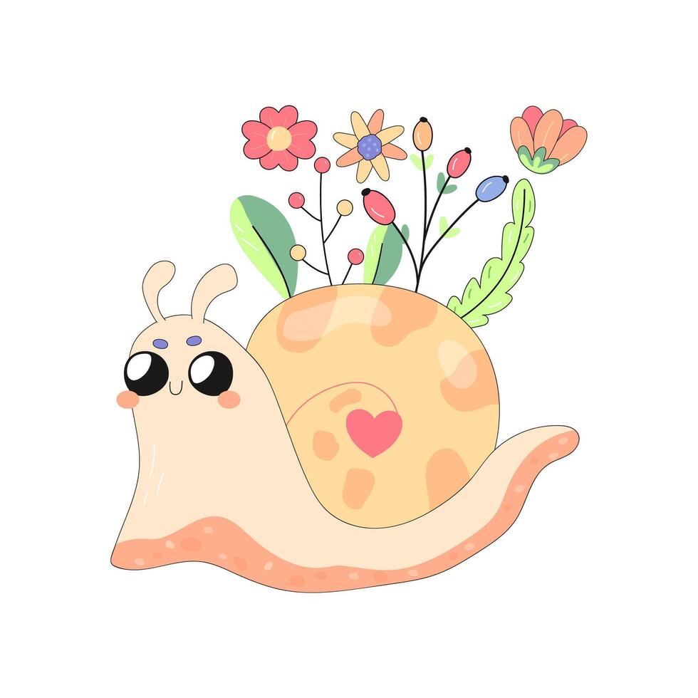 Cute snail, concept , cartoon, for t-shirt printing, with flowers. for postcard design, t-shirt isolated on white background vector