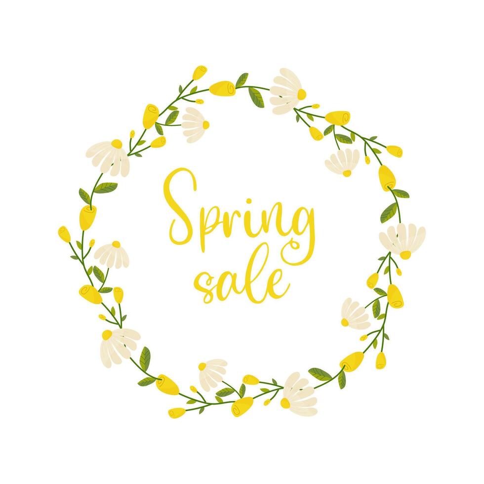 Spring sale, frame with floral border with lettering and different flowers for poster, banner, advertisement vector