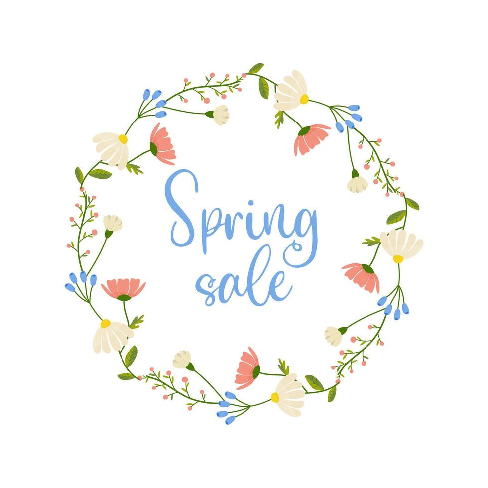 Spring sale, frame with floral border with lettering and different flowers for poster, banner, advertisement vector