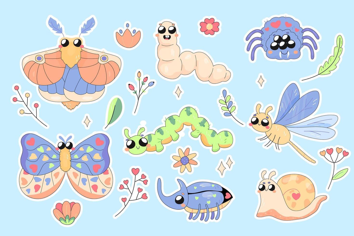 A set of cute insects, bugs, moth, spider, worm, butterfly, for stickers, prints, children's characters. vector