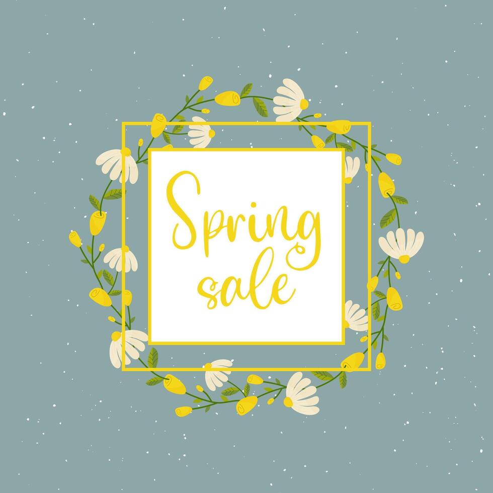 Spring sale, frame with floral border with lettering and different flowers for poster, banner, advertisement vector