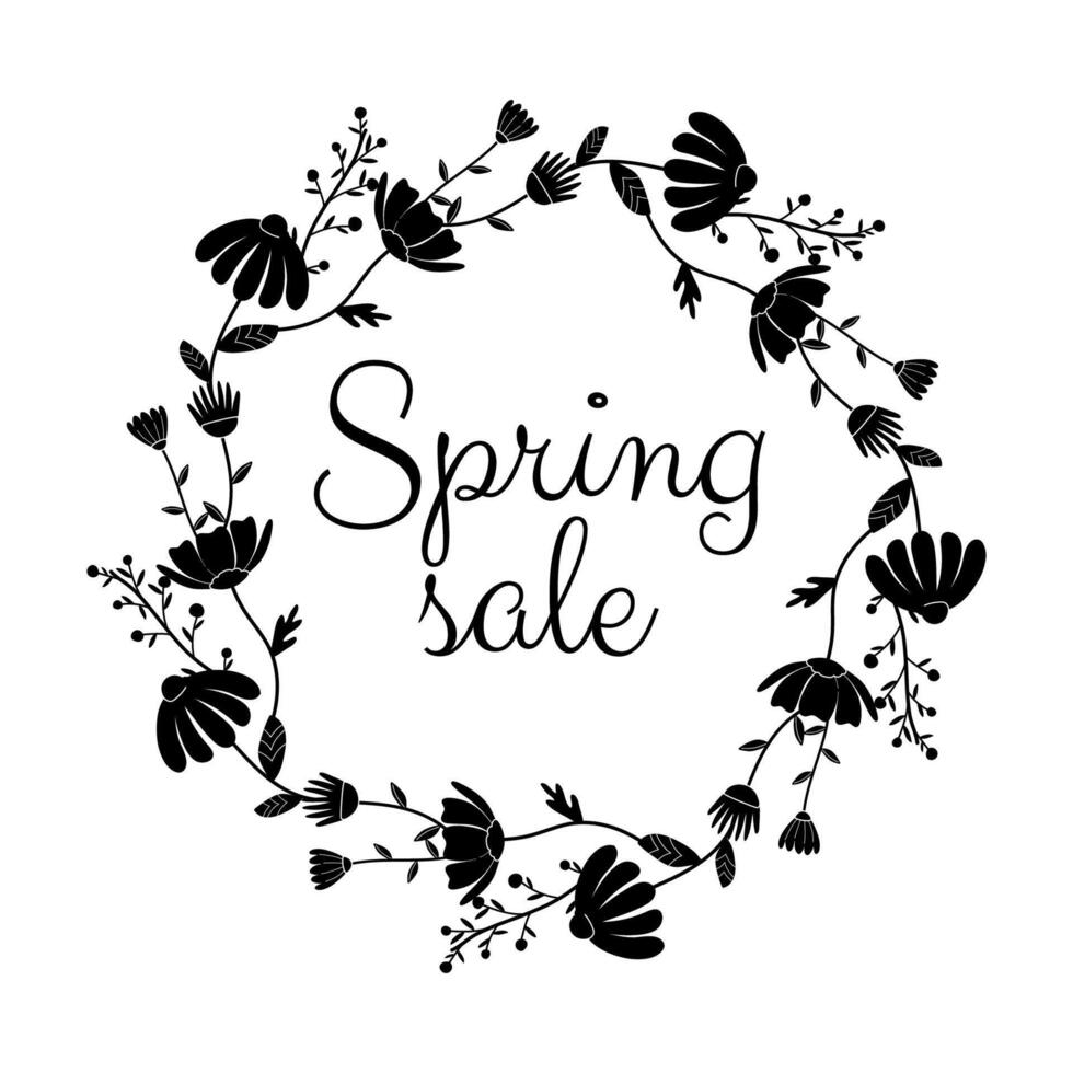 negro y blanco, silueta primavera venta, marco con floral frontera con letras y diferente colores para póster, bandera, anuncio vector
