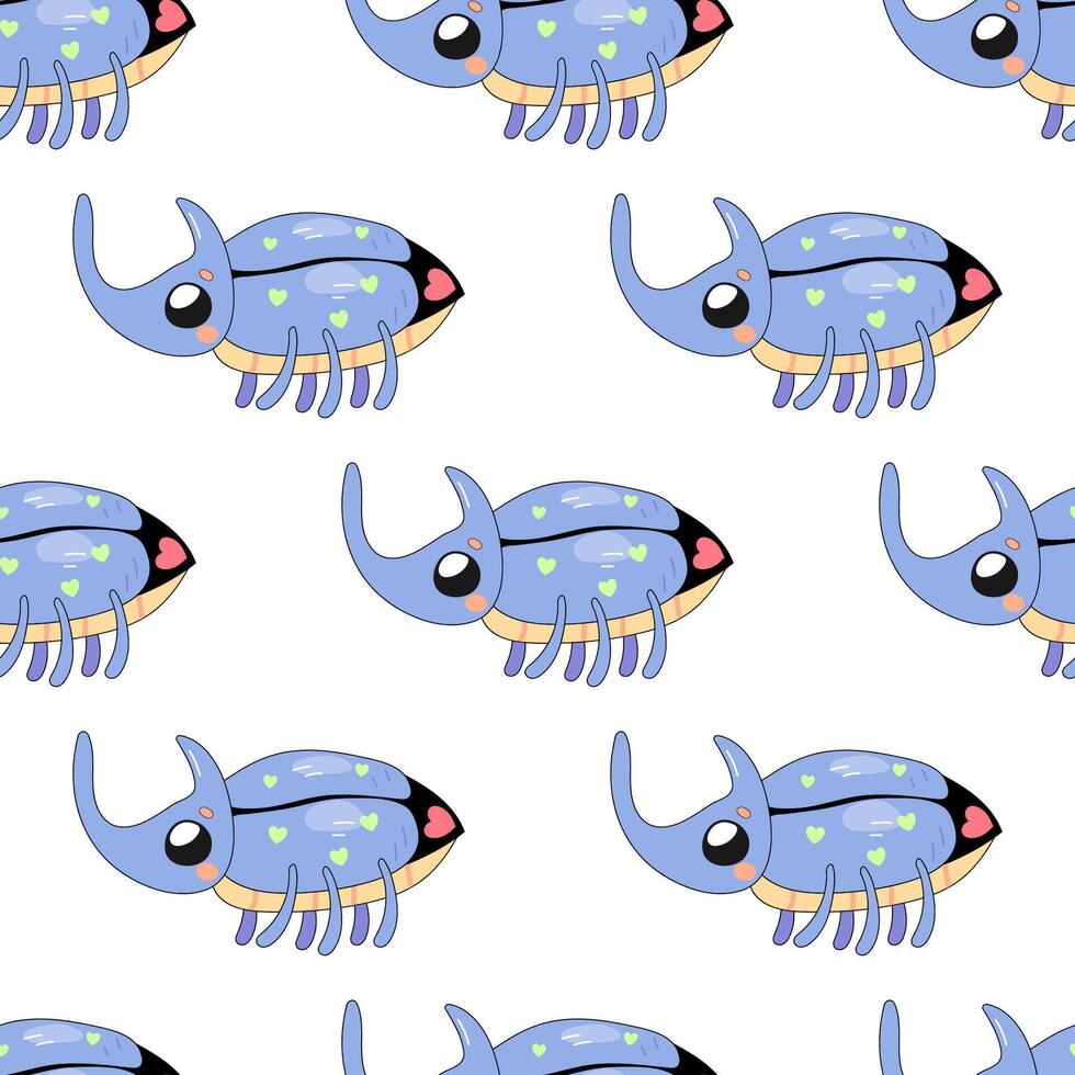 Seamless pattern, cute rhinoceros beetle, cartoon, baby. on white background for fabric, wrapping paper vector