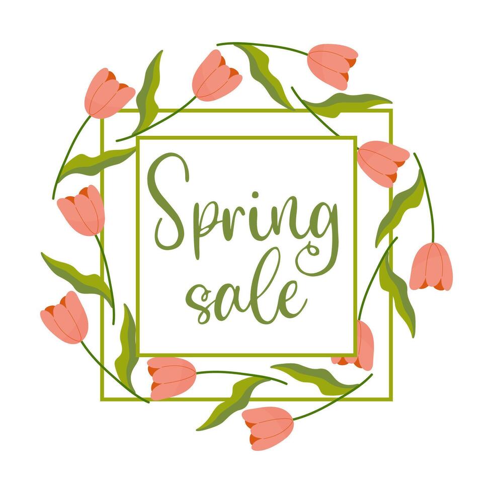 Spring sale, frame with floral border with lettering and different flowers for poster, banner, advertisement vector