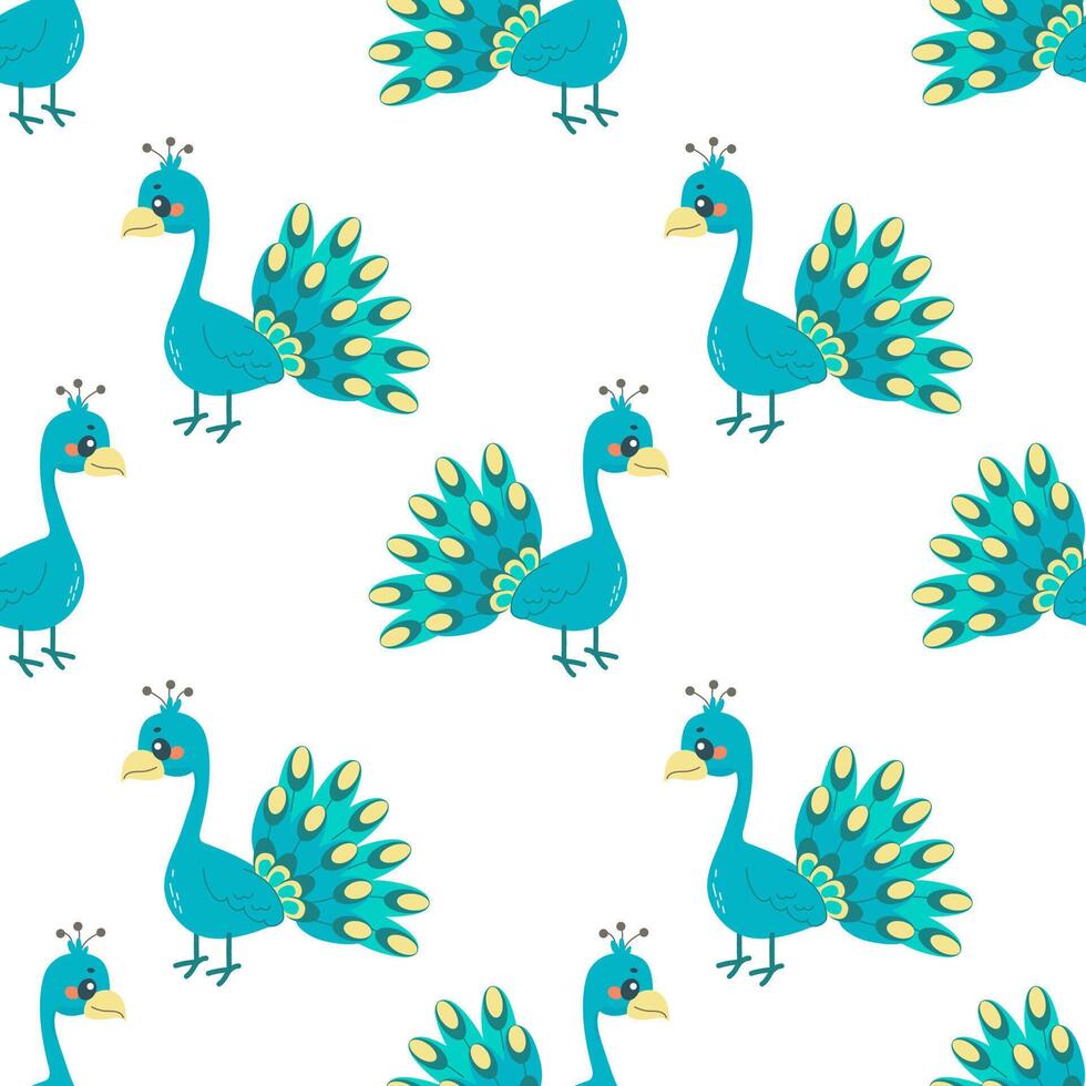 Seamless pattern with turquoise peacock bird, on white background, a childish pattern vector