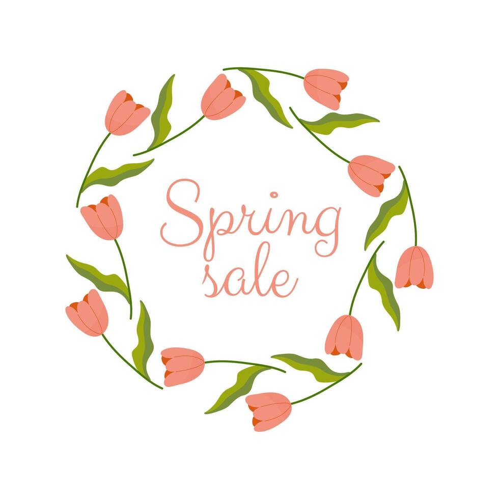 Spring sale, frame with floral border with lettering and different flowers for poster, banner, advertisement vector