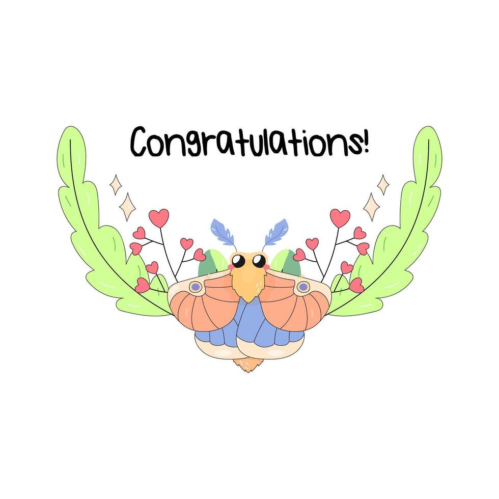 Congratulations frame, with flowers, plants and maple moth, butterfly insects. on white background vector