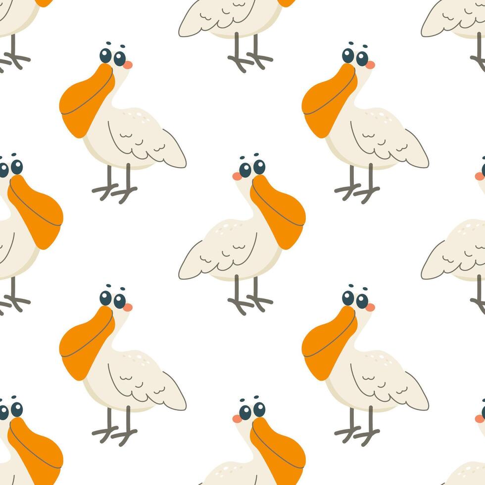 Seamless pattern with pelican bird, on white background, children's pattern, for fabric, wrapping paper, wallpaper vector