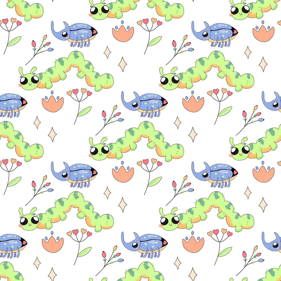 Seamless pattern, cute simple bugs, snail, insects cartoon baby, on white background for fabric, wrapping paper, wallpaper vector