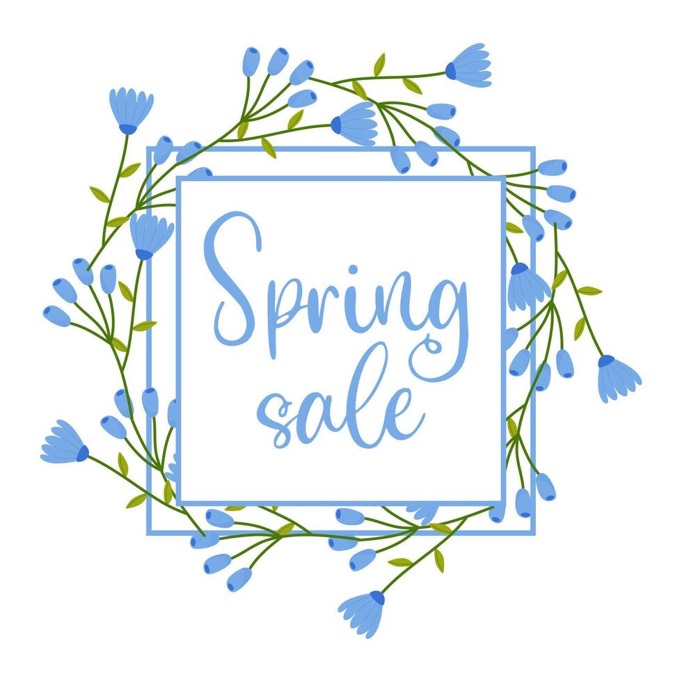 Spring sale, frame with floral border with lettering and different flowers for poster, banner, advertisement vector