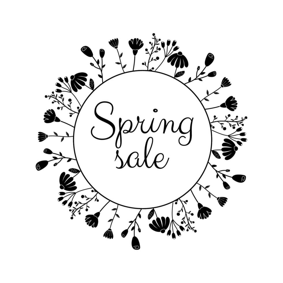 Black and white, silhouette spring sale, frame with floral border with lettering and different colors for poster, banner, advertisement vector