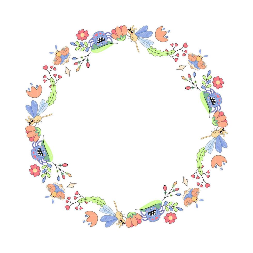 Congratulations frame, with flowers, plants and maple moth, butterfly insects. on white background vector