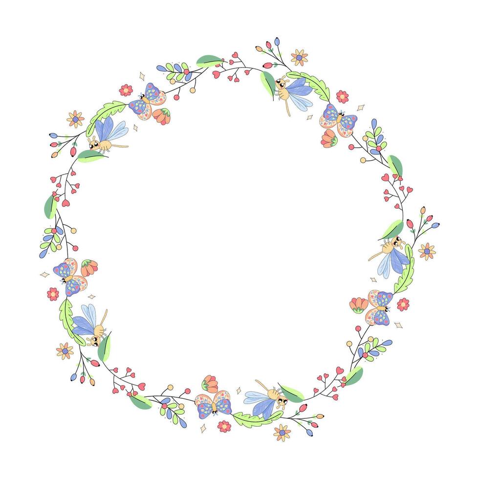 frame, with flowers and beetles, butterflies, summer spring for congratulations, announcements. on a white background vector