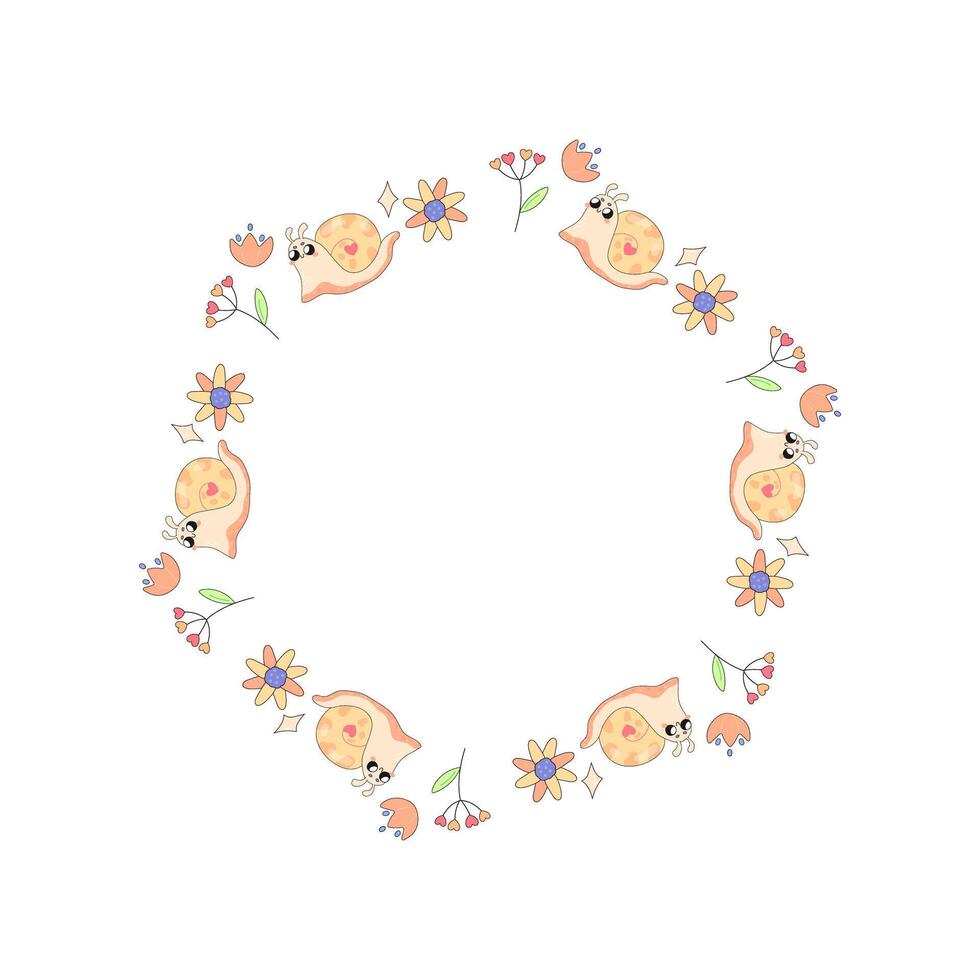 cute frame, with snail and flowers infant, summer spring for congratulations, announcements. on white background vector