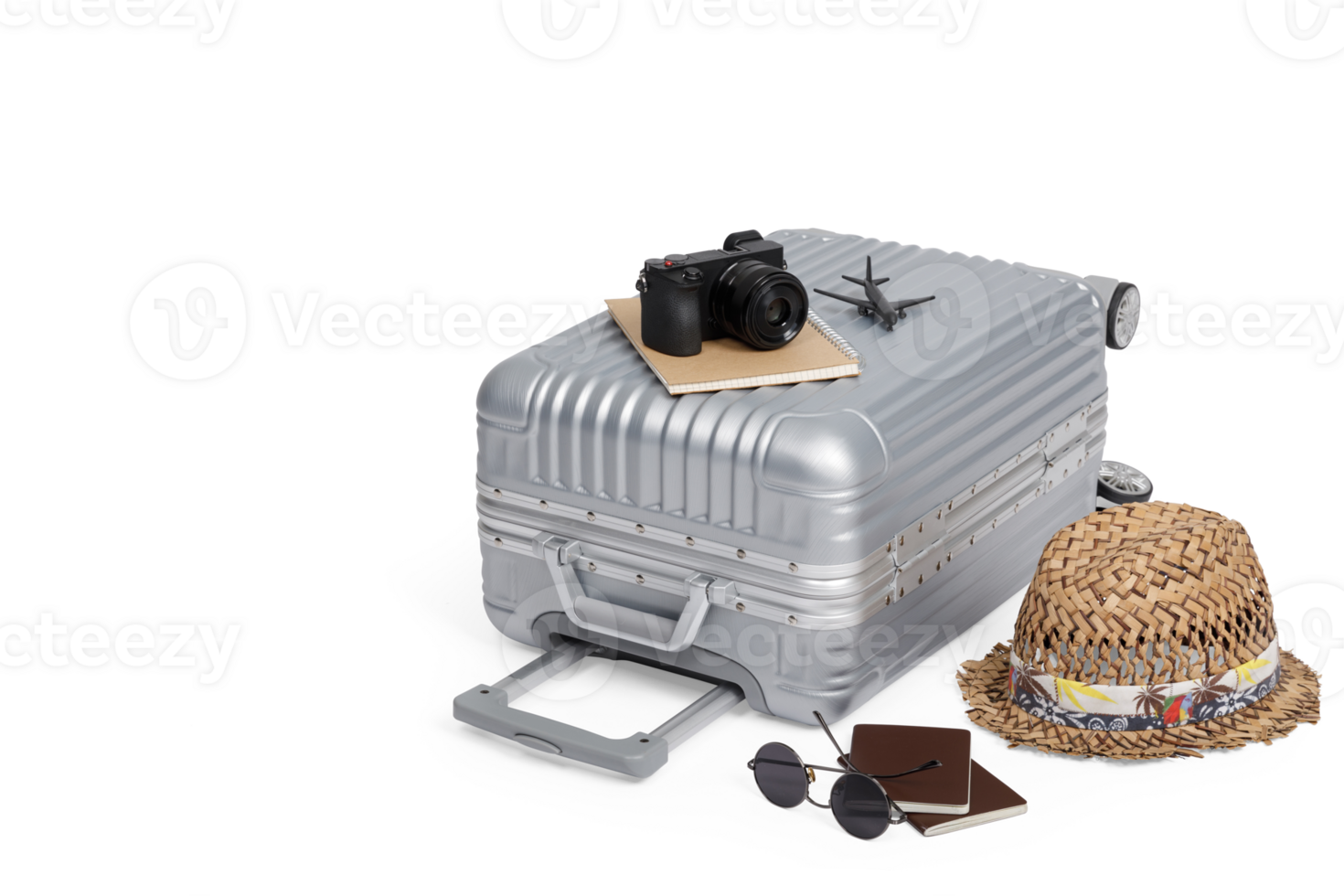 Travel Baggage with passport, camera, hat, airplane toy and smartphone isolated with copy space, Travel concept background, PNG transparency with shadow