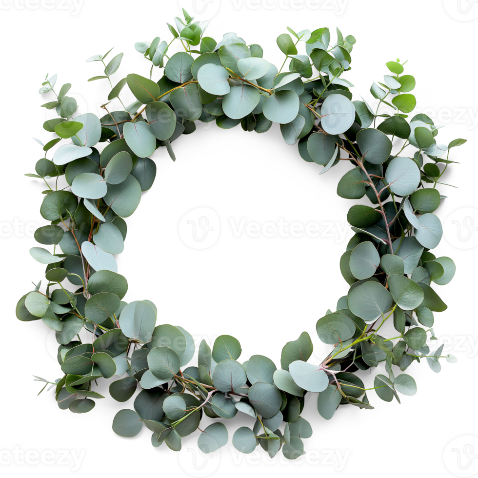 AI generated Circle frame by eucalyptus green leaves, Christmas wreath frame adorned with leaf, AI generated, PNG transparent with shadow