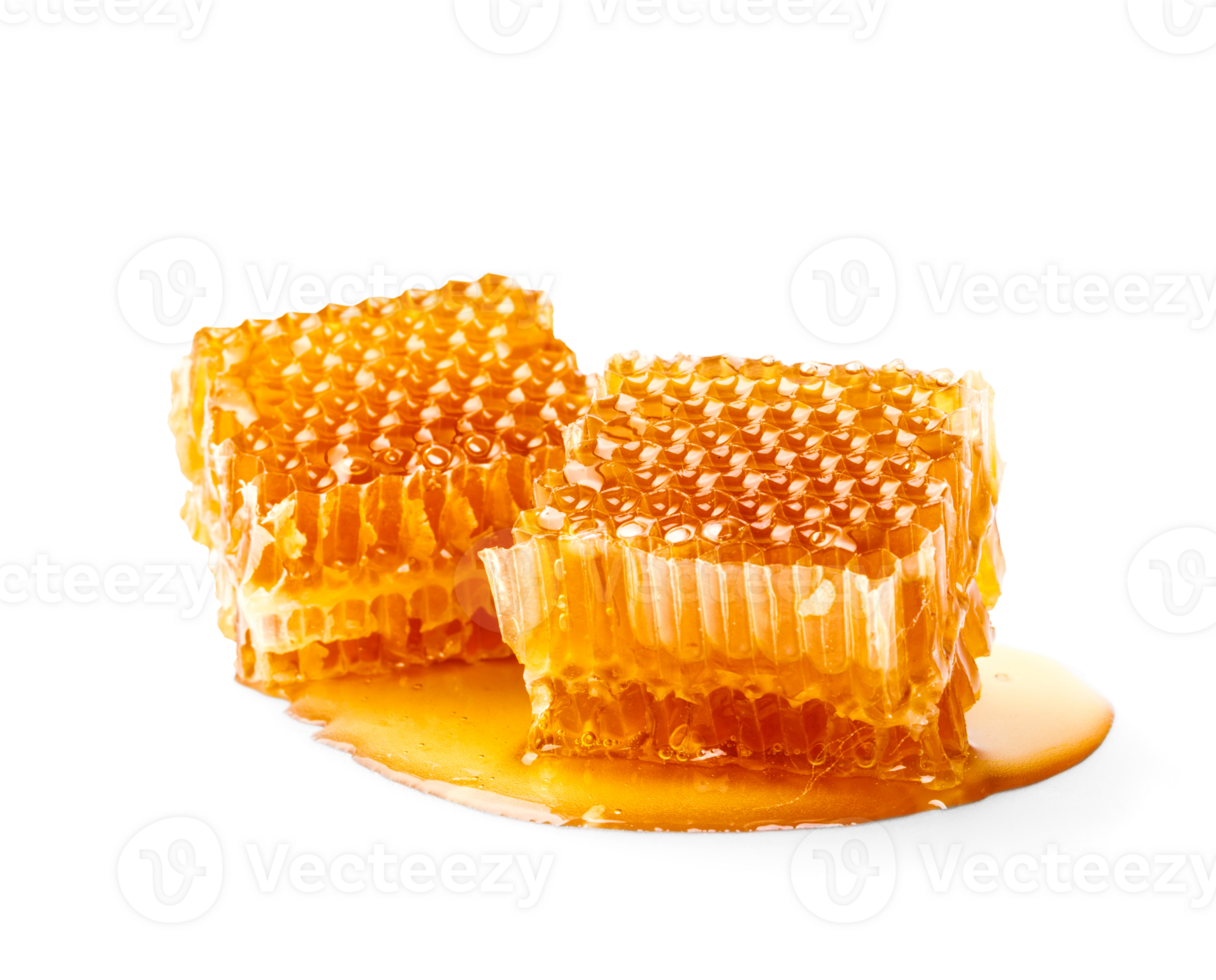 Honeycombs and honey drip on desk, Organic product from the nature for healthy with traditional style, PNG transparency