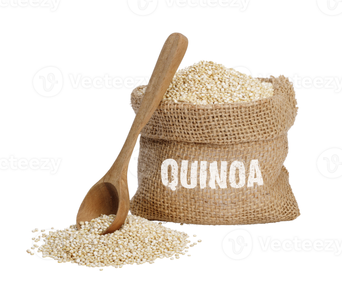 Quinoa seeds in the cloth sack, Healthy food habits and concept of balanced diet, PNG transparency with shadow