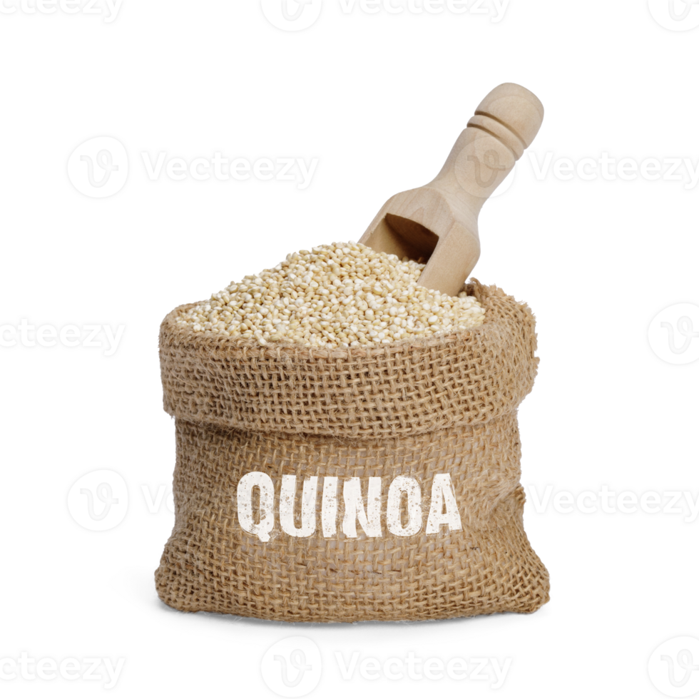 Quinoa seeds in the cloth sack, Healthy food habits and concept of balanced diet, PNG transparency with shadow