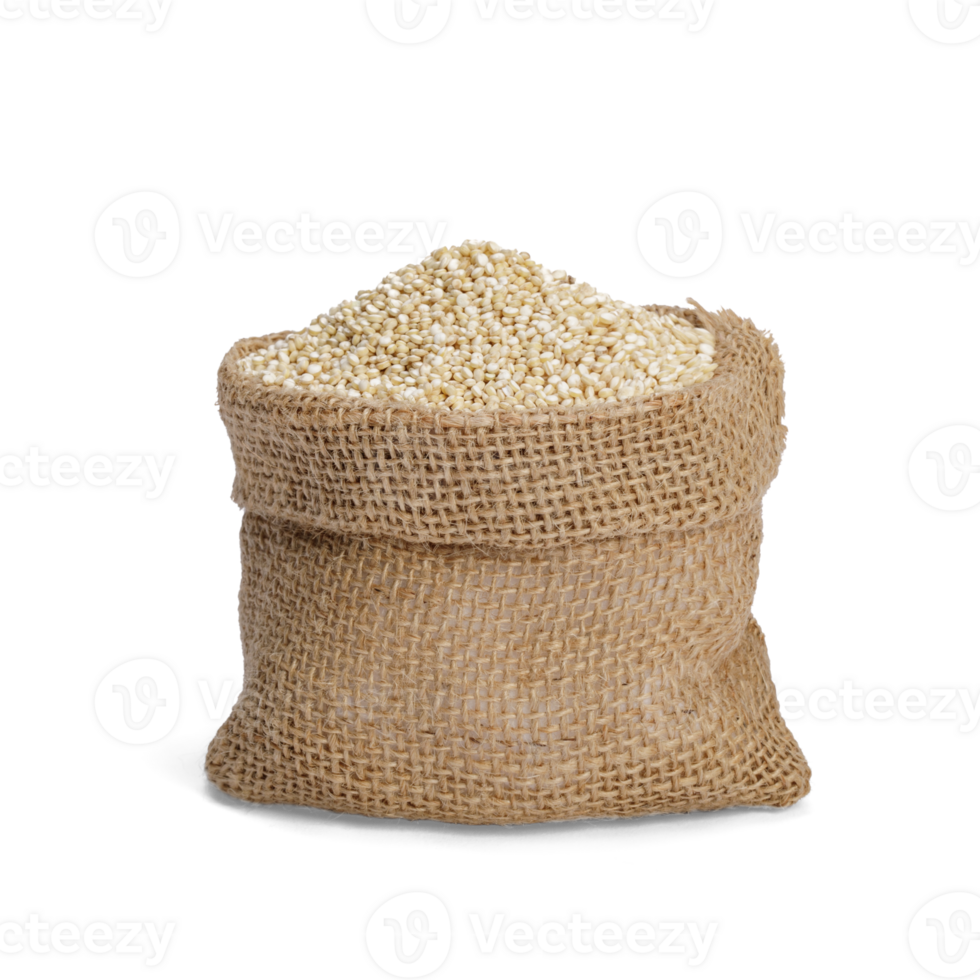 Quinoa seeds in the cloth sack, Healthy food habits and concept of balanced diet, PNG transparency with shadow