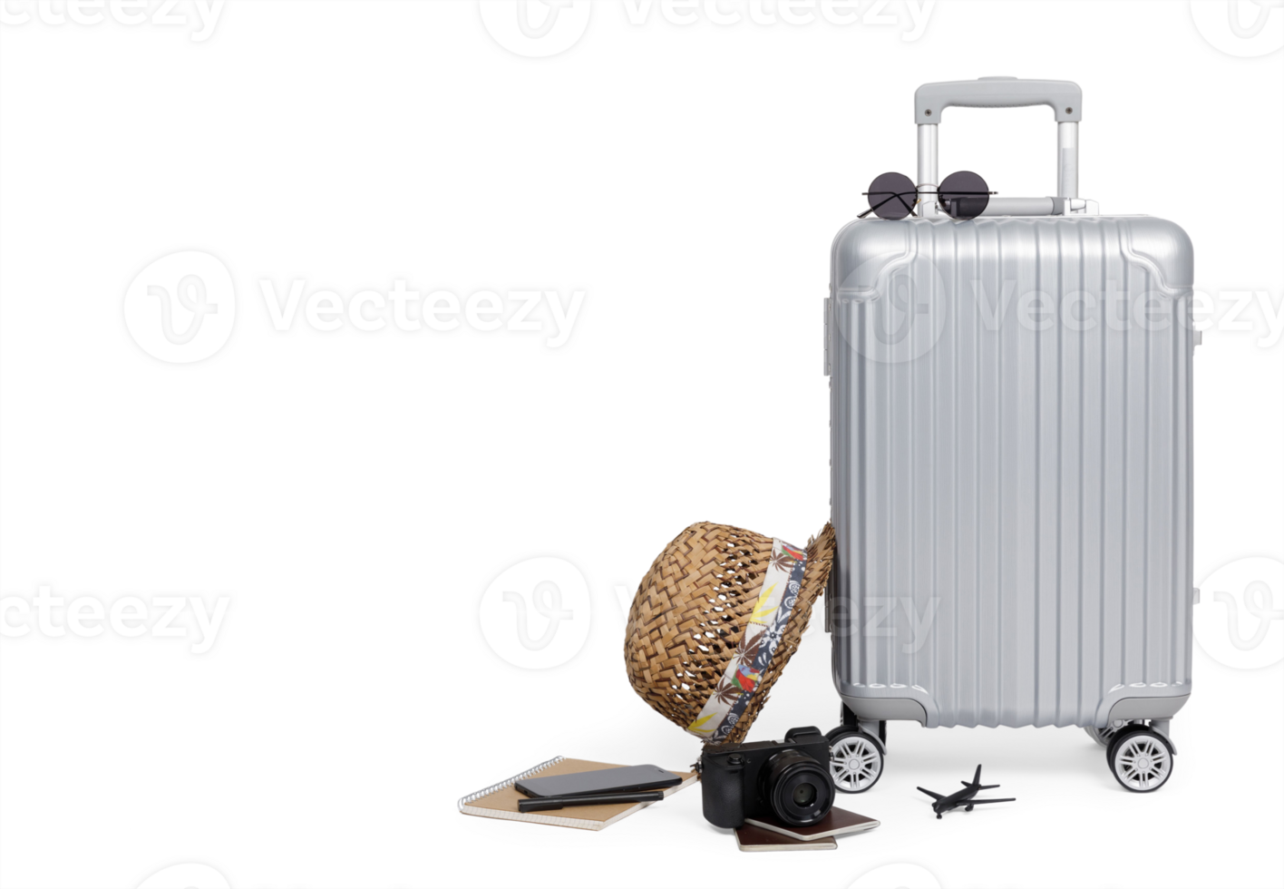 viagem Bagagem com Passaporte, Câmera, chapéu, avião brinquedo e Smartphone isolado com cópia de espaço, viagem conceito fundo, png transparência com sombra