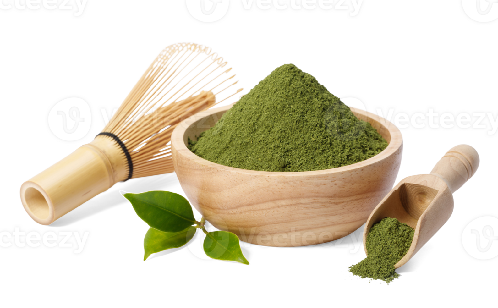 Matcha green tea powder with Japanese wire whisk isolated, Organic product from the nature for healthy with traditional style, PNG transparency with shadow