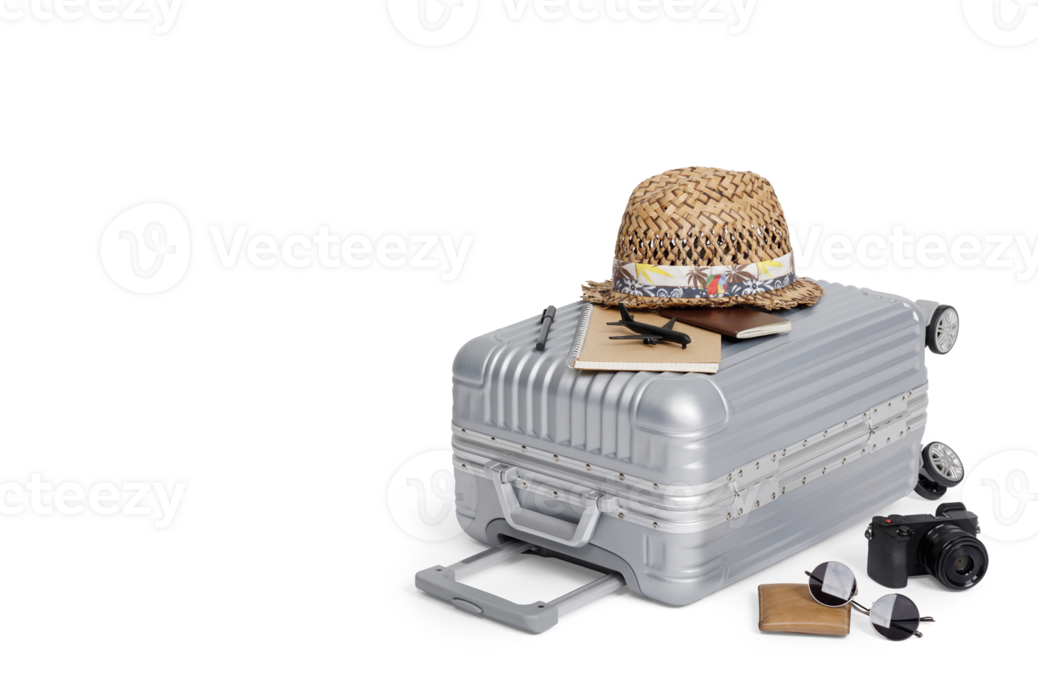 Travel Baggage with passport, camera, hat, airplane toy and smartphone isolated with copy space, Travel concept background, PNG transparency with shadow