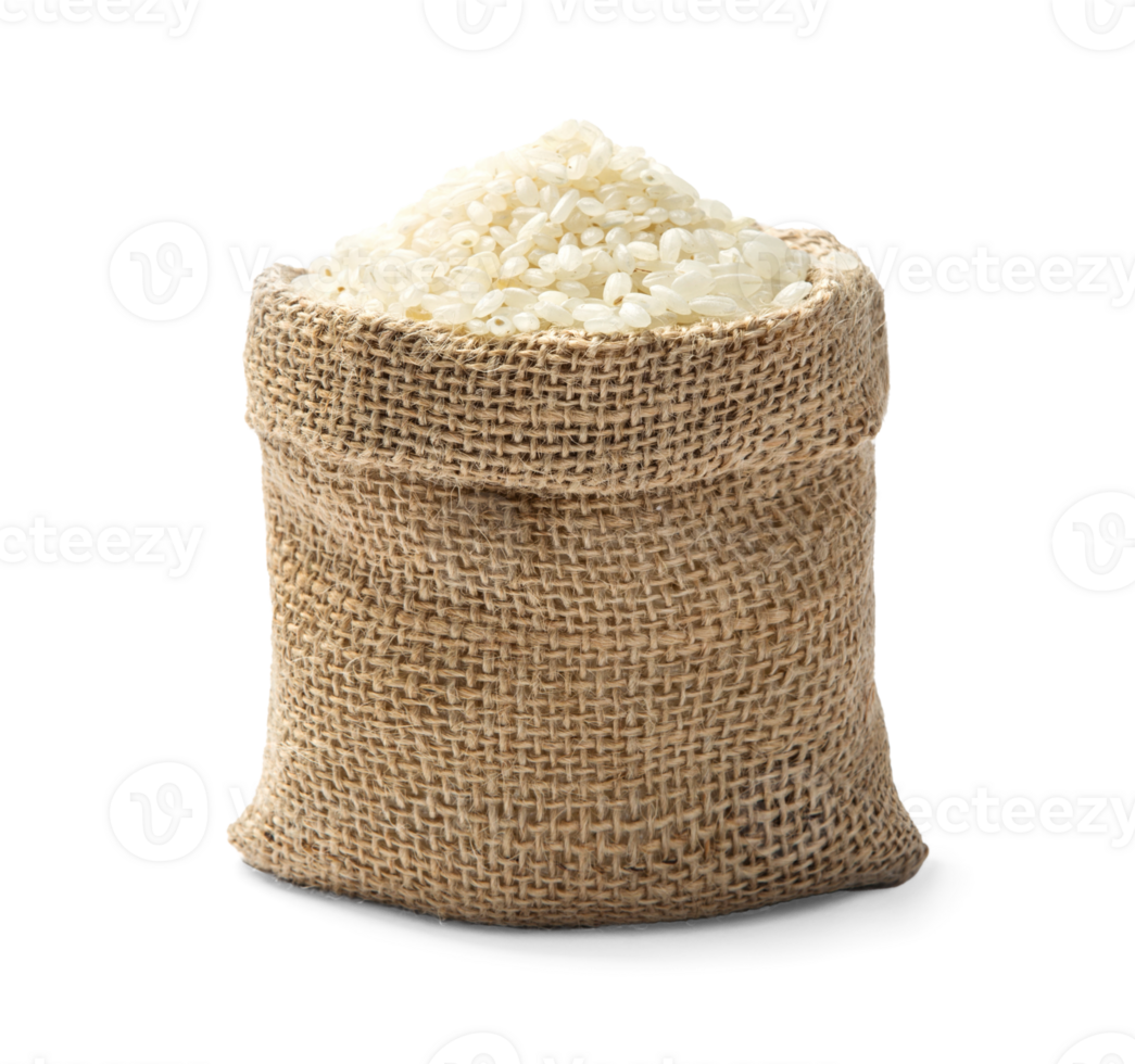 Raw rice in sack isolated, representing food grains and ingredients in agriculture, PNG transparency with shadow