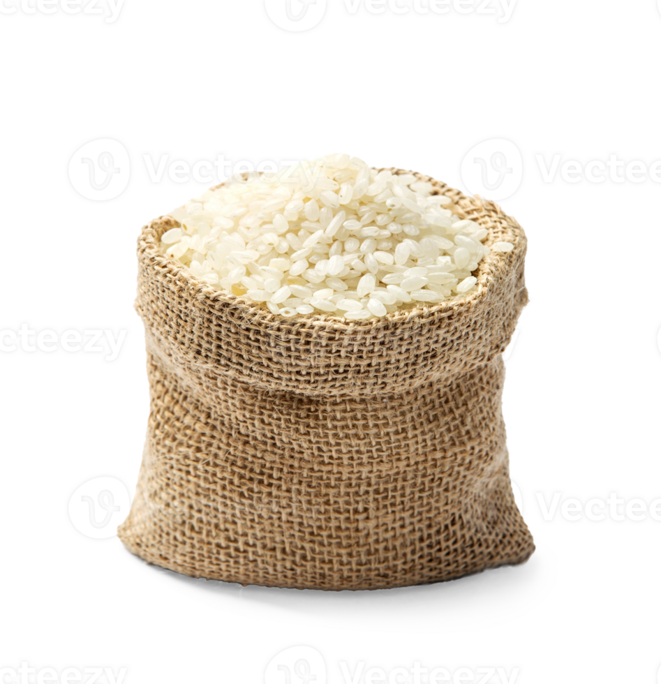 Organic rice in bag, representing food grains and ingredients in agriculture, PNG transparency with shadow