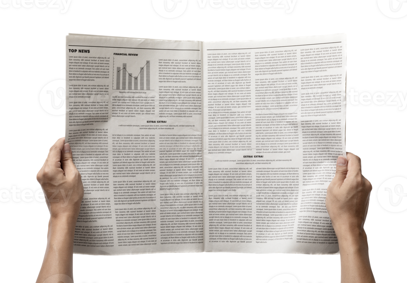 Hands holding the Business Newspaper isolated, Daily Newspaper mock-up concept, PNG transparency with shadow