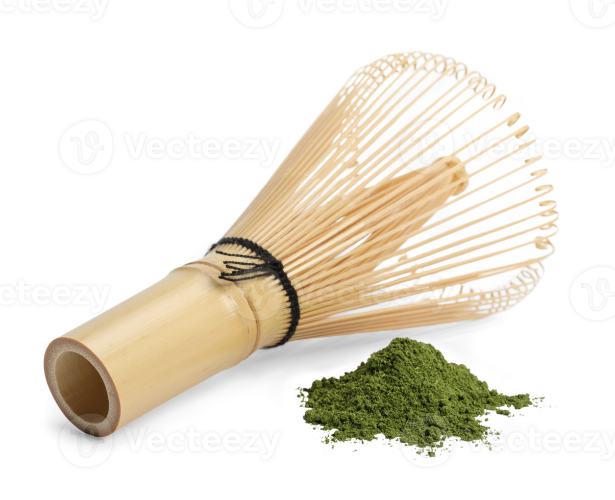Matcha green tea powder with Japanese wire whisk isolated, Organic product from the nature for healthy with traditional style, PNG transparency with shadow