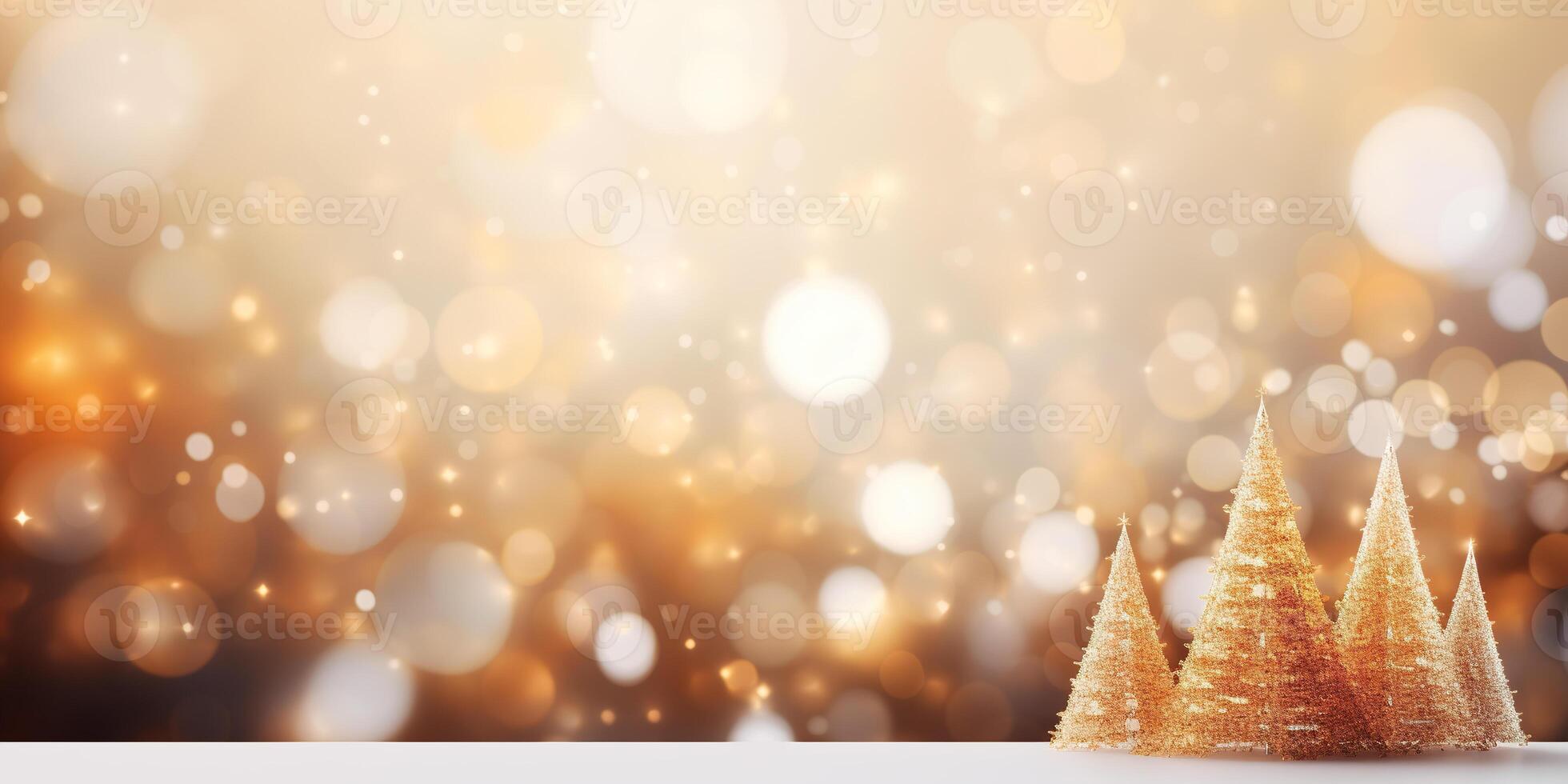 AI generated Tiny cute sparkling Christmas trees with gold hues festive background with copy space. Miniature fun holiday winter props wallpaper backdrop photo