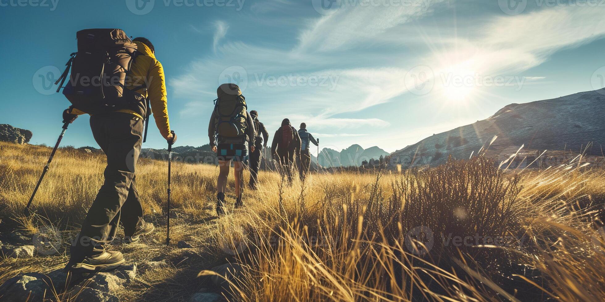 AI generated Group of friends hiking outdoors in wilderness, nature and mountains in the background. Hike trail, adventure, healthy activity concept photo