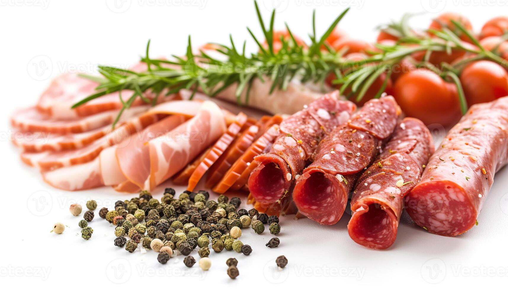 AI generated Meat carnivore diet with tomatoes and peppers spicy snack. Cooking culinary concept isolated on a white background photo