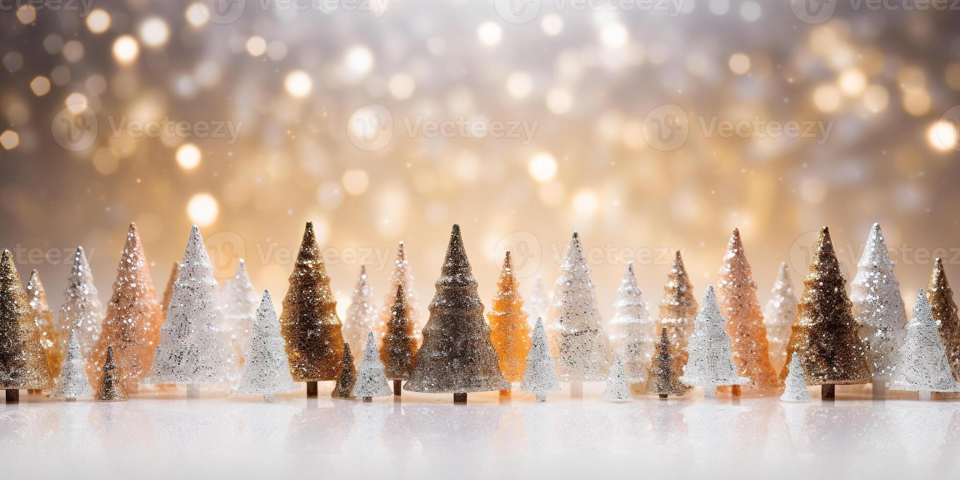 AI generated Tiny cute sparkling Christmas trees with gold hues festive background with copy space. Miniature fun holiday winter props wallpaper backdrop photo